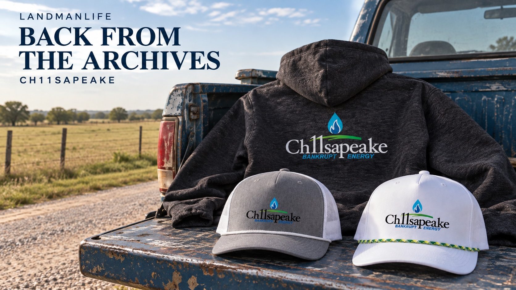Ch11sapeake hoodie and rope hat on a truck tailgate at dusk. Bankrupt Energy across the back.