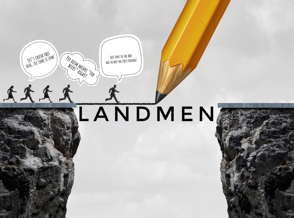 A pencil draws a bridge labelled LANDMEN across a gap between two cliffs while businesspeople run over it. Their speech bubbles read: Let's crush this deal, tee time is 1pm. Per diem means for beers, right? Last one to the bar has to buy the first round.