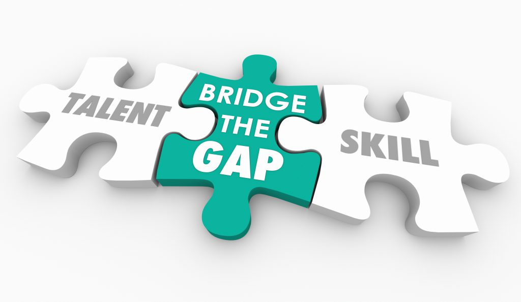Three jigsaw pieces reading Talent, Bridge the Gap and Skill, the middle one in teal.