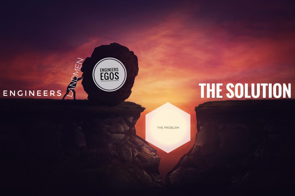 A figure labelled LANDMEN pushes a boulder marked Engineers Egos toward a gap between two cliffs at sunset, one side labelled Engineers and the far side The Solution, with The Problem glowing in the chasm between them.
