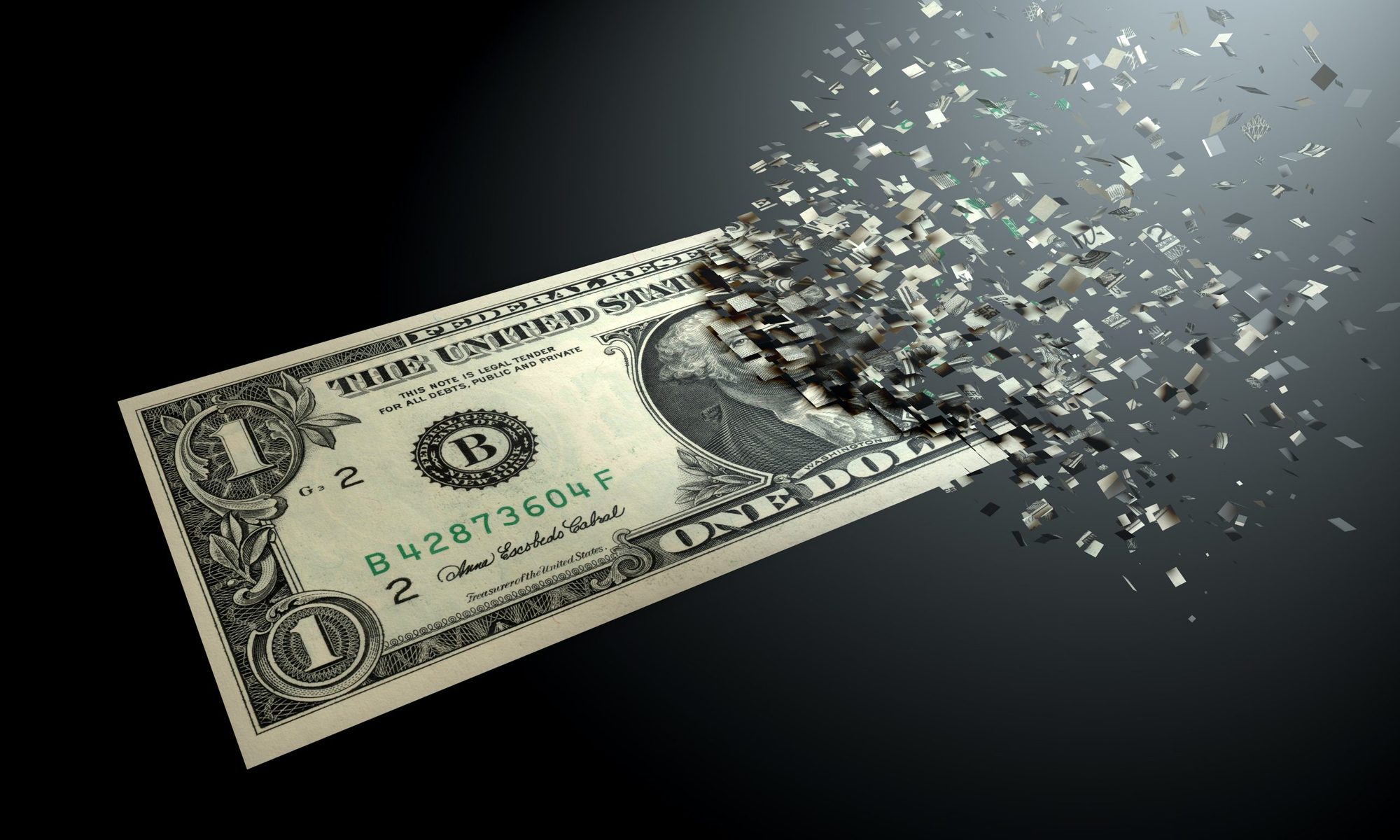 A one dollar bill dissolving into scattered fragments against a black background.