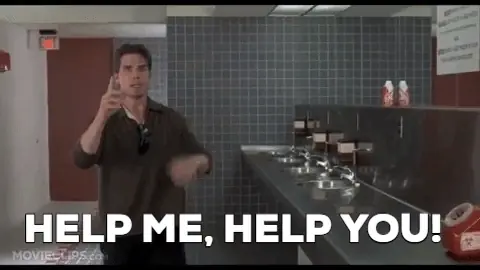 Jerry Maguire meme, a man in an office restroom shouting 'Help me, help you!'