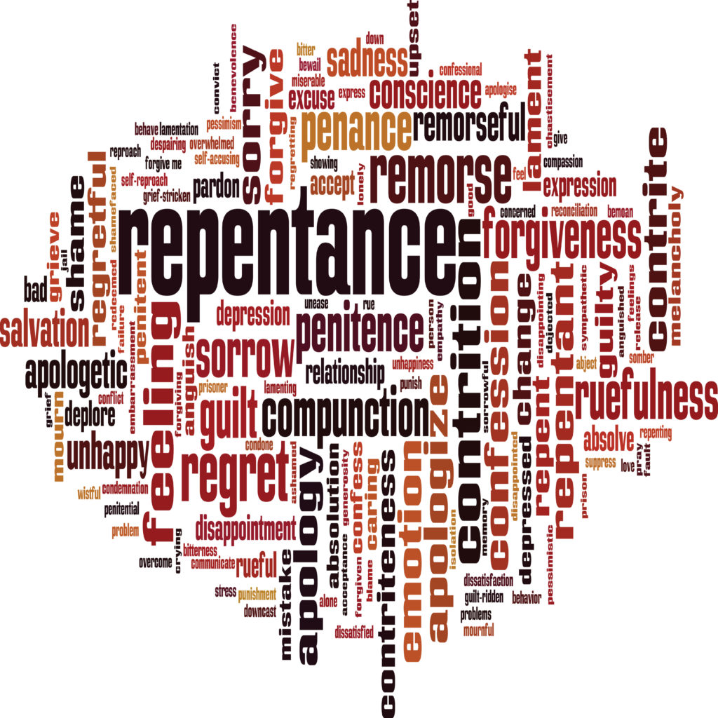 A word cloud with repentance largest, surrounded by regret, remorse, guilt, forgiveness, contrition and apology.